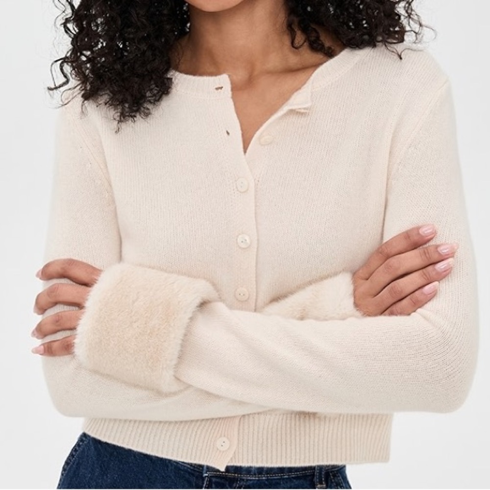 Reformation Clara Cashmere Crew Cardigan with removable fur cuffs